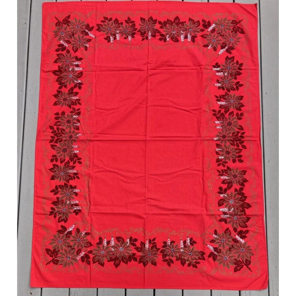 Vintage Christmas cloth tablecloth red silver gold poinsettias candles 50 x 63